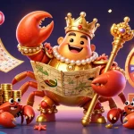 Bongdalu offers an exciting 3D illustration of a golden crab emperor leading a vibrant gambling scene filled with lottery elements.
