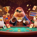 Spin and win at web sunwin with a jolly walrus and clever dealer in this immersive casino scene.