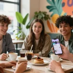 インスタ フォロワー 購入のためのトレンディなカフェで友人たちが集まっているシーン