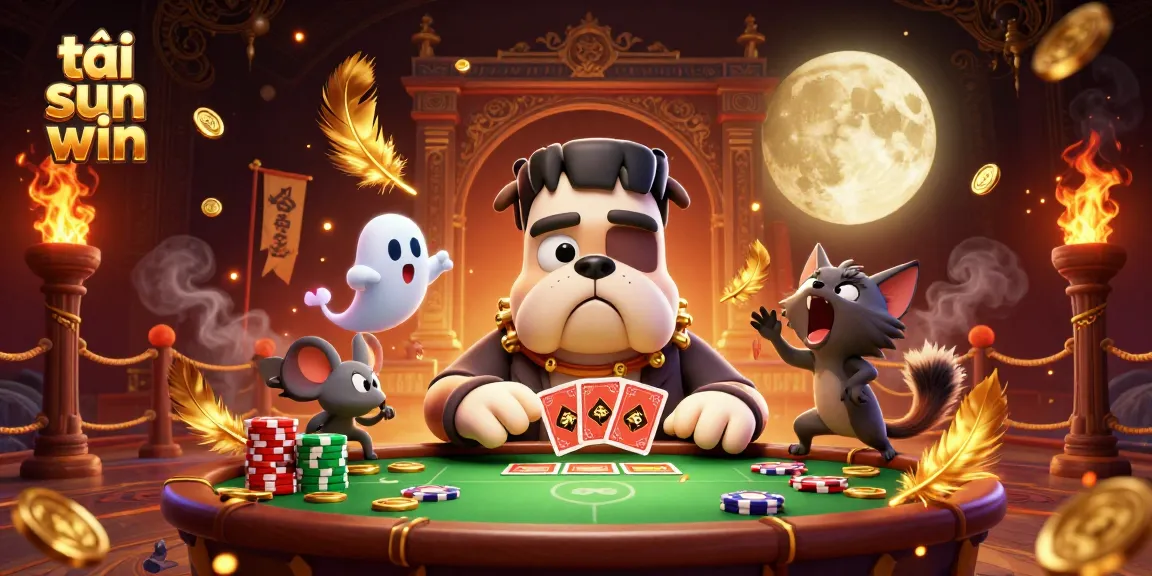 Engage in thrilling gameplay at tải sun win with an exciting scene featuring a monster dealer, chips, and a ghostly mouse.