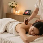 Enjoying 하남출장마사지 in a serene home spa environment with soothing decor and calming atmosphere.