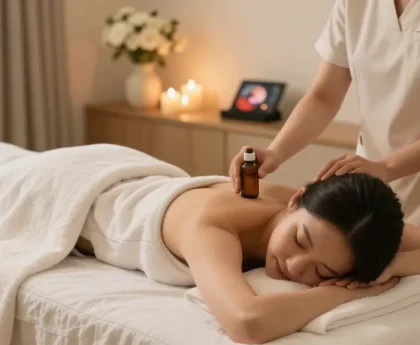 Enjoying 하남출장마사지 in a serene home spa environment with soothing decor and calming atmosphere.