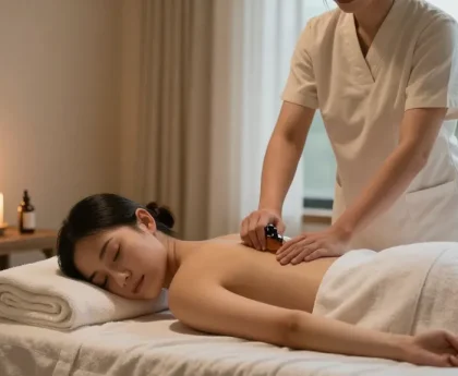 출장마사지의 편안한 환경에서 마사지 준비 중인 테라피스트 모습