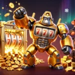 Experience thrilling action at F168 as a golden gorilla mech shoots coins from its rocket fist.