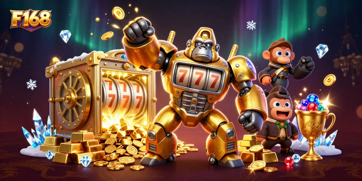 Experience thrilling action at F168 as a golden gorilla mech shoots coins from its rocket fist.