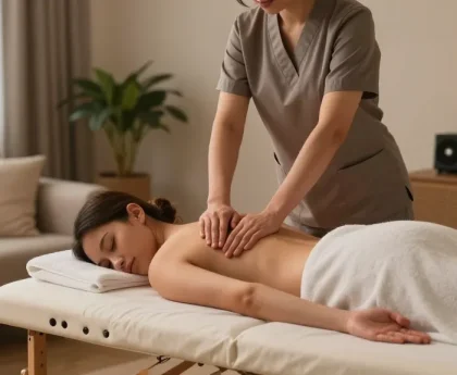 수원출장마사지 전문 마사지사가 편안한 거실에서 고객에게 스웨디시 마사지를 제공하는 모습