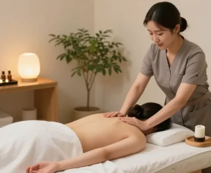 하남출장마사지 중인 한국인 관리사와 고객의 편안한 마사지 장면