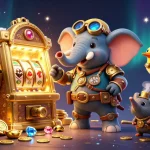 Experience thrilling wins at FUN88 with a cartoon steampunk elephant and dazzling slot machine.