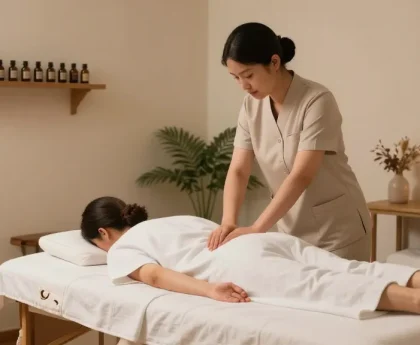 1인샵에서 아늑한 마사지 장면, 전문 마사지사와 편안한 고객 모습