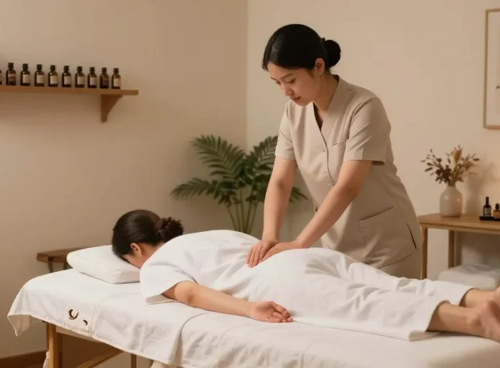 1인샵에서 아늑한 마사지 장면, 전문 마사지사와 편안한 고객 모습