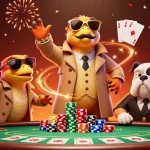 F8BET's vibrant casino scene with raptors in disguise, poker chips, and dynamic action elements.