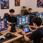 Engaged user playing rokok88 slot game on tablet in vibrant gaming room with friends.