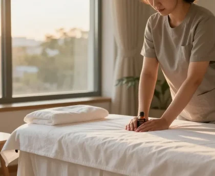 인천출장안마 전문 마사지사가 아로마 테라피와 함께 편안한 실내에서 고객을 맞이하는 장면