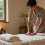 부산마사지 세션을 준비하는 남성 마사지사와 아늑한 마사지룸의 모습
