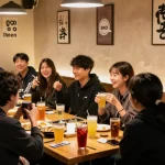 인천쓰리노에서 즐거운 분위기의 친구들이 음악과 음료를 즐기는 장면