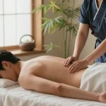 제주마사지 중인 남성 고객과 아로마 오일이 놓인 마사지 테이블의 편안한 모습