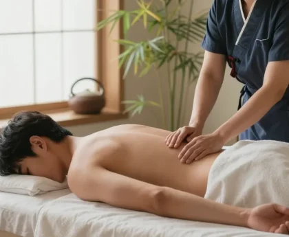 제주마사지 중인 남성 고객과 아로마 오일이 놓인 마사지 테이블의 편안한 모습
