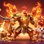 Experience dynamic gaming with 78Win as a rooster warrior and dragon hatchling celebrate victories amidst treasure.