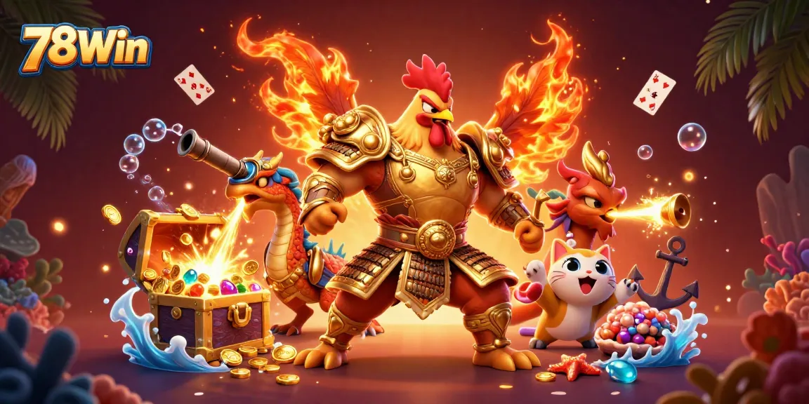 Experience dynamic gaming with 78Win as a rooster warrior and dragon hatchling celebrate victories amidst treasure.
