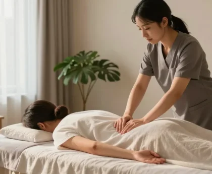 강남마사지 중인 테라피스트와 고객이 있는 마사지 치료실의 아늑한 장면