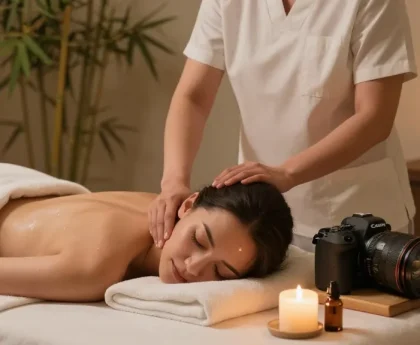 수원마사지로 편안한 마사지 샵의 내부, 치료사가 고객에게 마사지 오일을 바르는 모습.